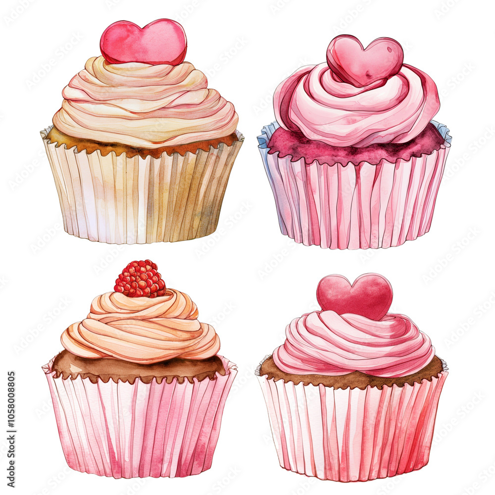 Watercolor set of cupcakes with cream on transparent background Watercolor set of cupcakes with cream on transparent background