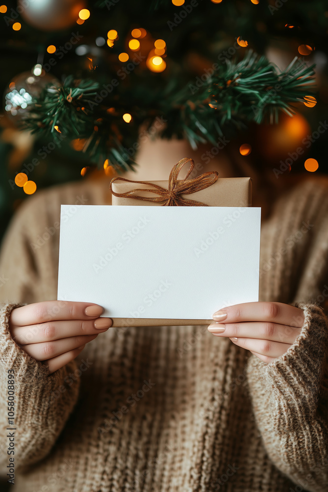 A cozy Christmas setting with a person holding a white invitation mock up A cozy Christmas setting with a person holding a white invitation mock up