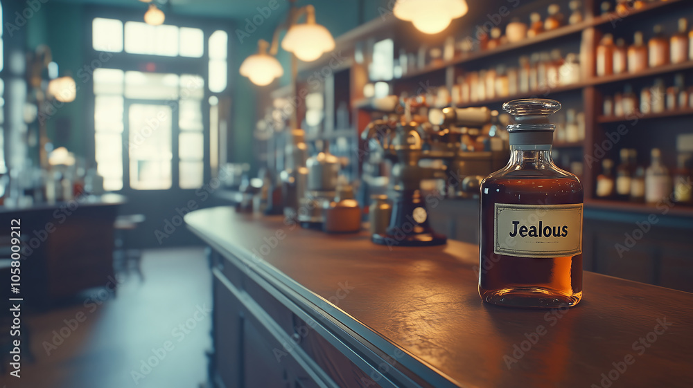Cozy bar scene with a bottle labeled Jealous at dusk Cozy bar scene with a bottle labeled Jealous at dusk