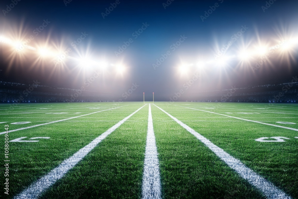Obraz premium Brightly lit football field under stadium lights at night, green grass with yardage lines, empty and quiet, with spotlights creating an atmosphere of anticipation for game day.