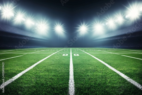 Brightly lit football field under stadium lights at night, green grass with yardage lines, empty and quiet, with spotlights creating an atmosphere of anticipation for game day.