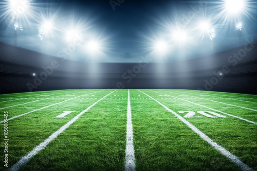 Brightly lit football field under stadium lights at night, green grass with yardage lines, empty and quiet, with spotlights creating an atmosphere of anticipation for game day.