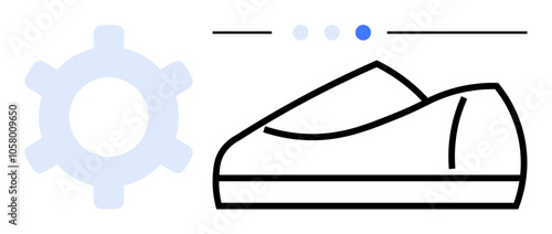 Gear icon beside an outlined shoe with progress indicators. Ideal for sports equipment, technology integration, fashion marketing, web design, apps, fitness, product development. Line metaphor