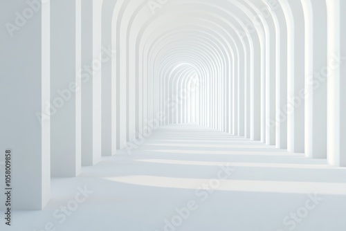 A white, minimalist hallway with arched doorways leading to a bright light at the end.