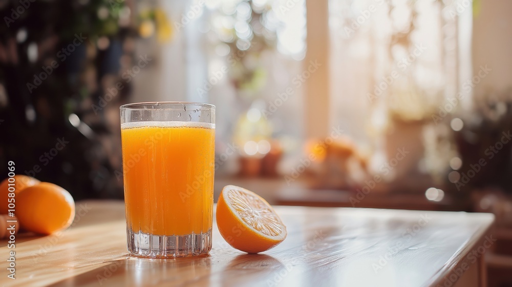 A refreshing glass of orange juice with a sliced orange on a wooden table.