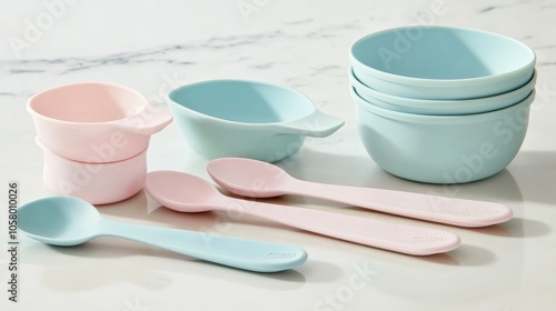 Colorful Measuring Cups and Spoons Set on Marble Surface