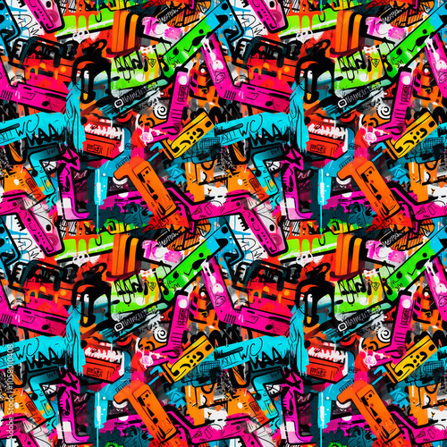 Abstract urban graffiti, spray paint, street style, vibrant mood, bold and colorful tags. Background, seamless pattern