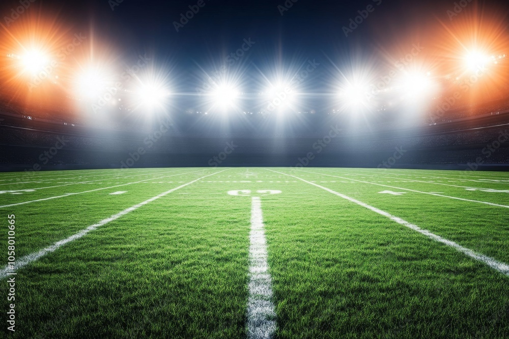 Obraz premium Illuminated football field under bright stadium lights with a night sky backdrop, green grass marked by white yard lines, capturing an atmospheric scene of anticipation for game day.