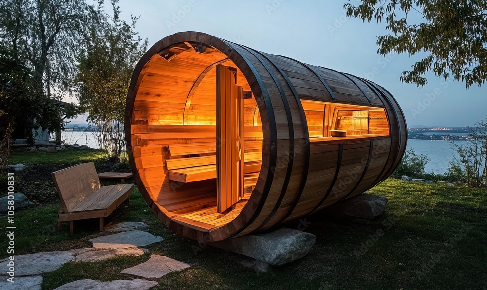 Barrel-shaped sauna for outdoor use with seating Barrel-shaped sauna for outdoor use with seating