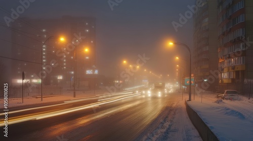 Nighttime Urban Scene with Snow and Fog