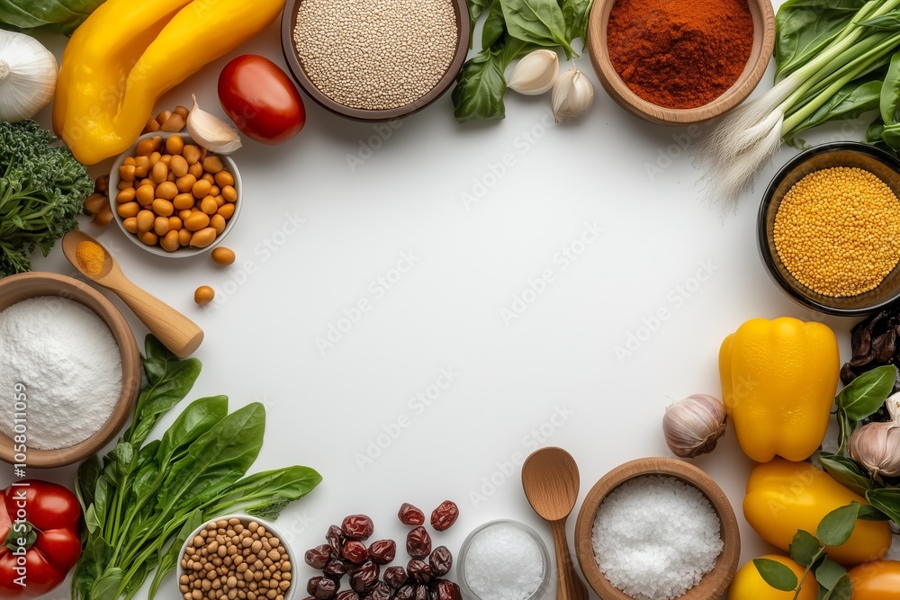 Culinary Ingredients for Healthy Cooking on a White Background with Copy Space