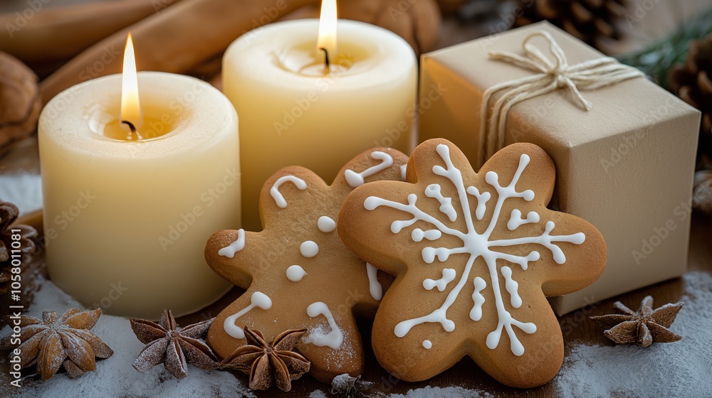 A minimalistic layout featuring two decorative snowflake-shaped cookies, candles, and a wrapped gift on a wooden surface A minimalistic layout featuring two decorative snowflake-shaped cookies, candles, and a wrapped gift on a wooden surface