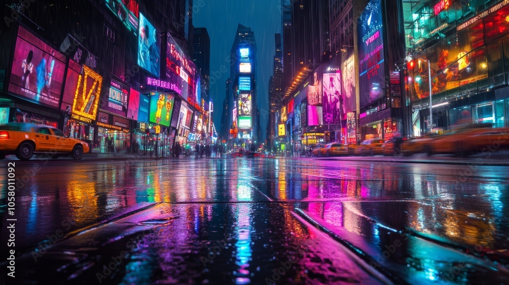 Vibrant Times Square at Night with Reflections Vibrant Times Square at Night with Reflections