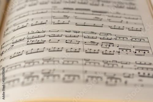 A close-up view of musical notation in a thick book showcasing complex sheet music during a quiet afternoon