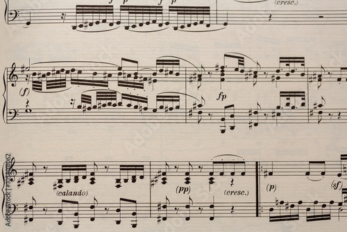 Musical notations displayed on sheet music with various dynamics and expressions highlighted in a classical composition photo