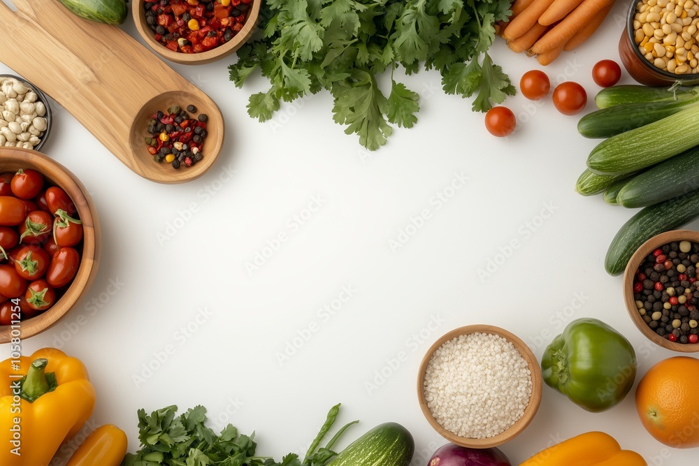 Culinary Ingredients for Healthy Cooking on a White Background with Copy Space Culinary Ingredients for Healthy Cooking on a White Background with Copy Space