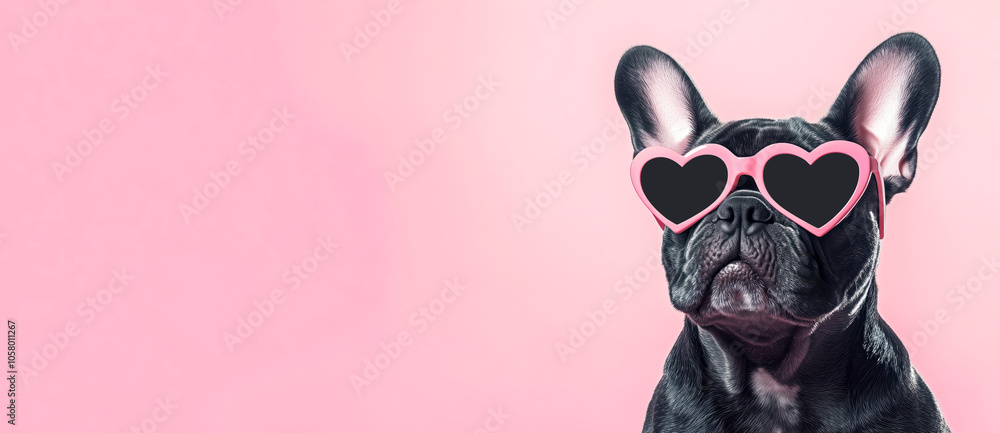 White French Bulldog wearing heart-shaped sunglasses, isolated on pastel pink background with copy space, Dog portrait concept, pet fashion. White French Bulldog wearing heart-shaped sunglasses, isolated on pastel pink background with copy space, Dog portrait concept, pet fashion.