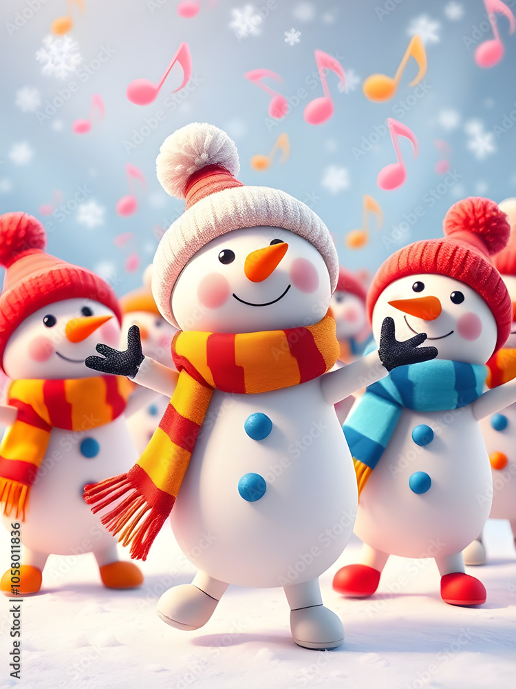 Happy snowmen characters dancing with falling snow and music notes on blue background, 3D illustration style Happy snowmen characters dancing with falling snow and music notes on blue background, 3D illustration style