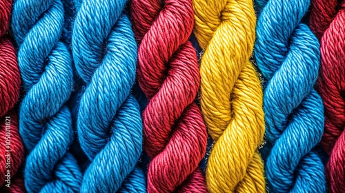 Colorful twisted ropes arranged in vibrant blue, red, and yellow hues, creating a dynamic visual pattern in a textile setting photo