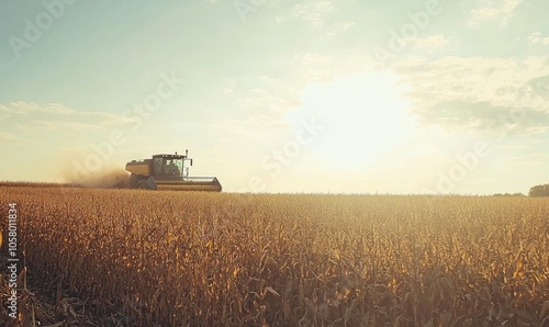 Combine harvester working in a large cornfield under a bright sky