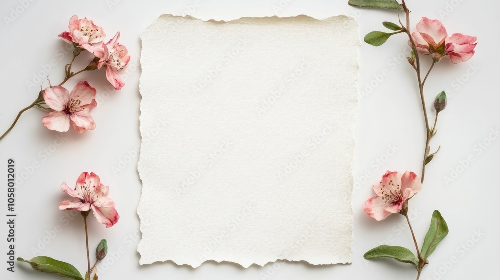 A blank textured paper surrounded by delicate pink flowers for creative use. A blank textured paper surrounded by delicate pink flowers for creative use.