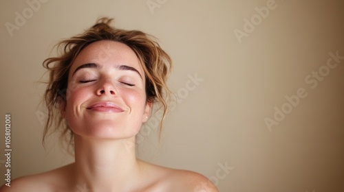 Smiling woman with closed eyes enjoying a peaceful moment against a beige background, AI