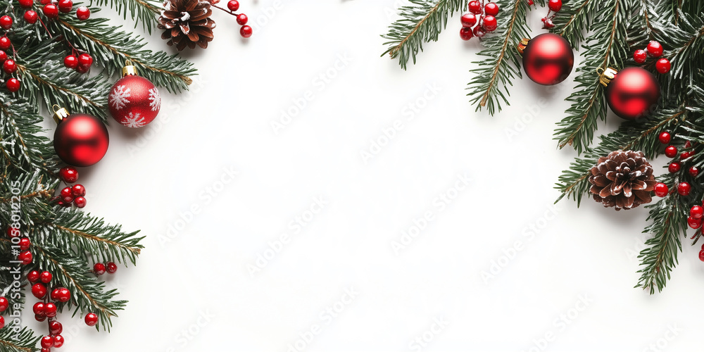 Christmas frame border with red and green decorations on white background, Christmas tree branches, red balls, holly berries and jingle bells. Top view, flat lay. Christmas frame border with red and green decorations on white background, Christmas tree branches, red balls, holly berries and jingle bells. Top view, flat lay.