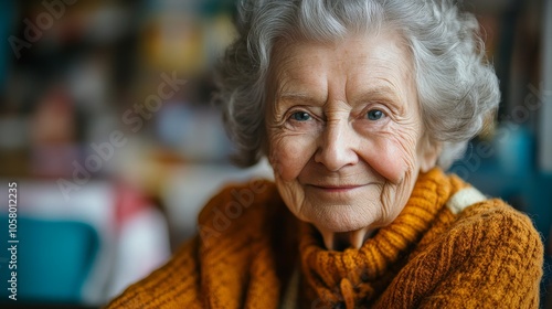 An elderly woman with curly gray hair smiles warmly while wearing an orange sweater, seated indoors with a soft-focus background