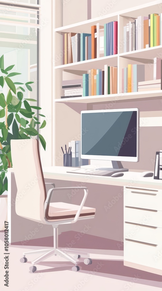 Modern Home Office Workspace with Computer and Bookshelf Modern Home Office Workspace with Computer and Bookshelf