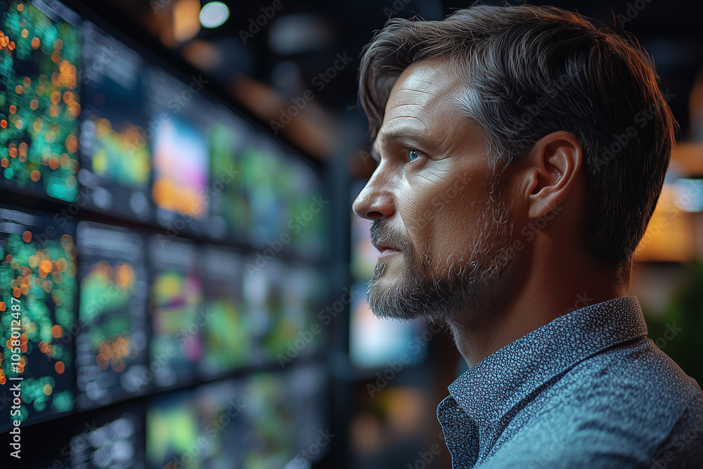 Meteorologist analyzing weather data, confidently forecasting in a modern studio. Meteorologist analyzing weather data, confidently forecasting in a modern studio.