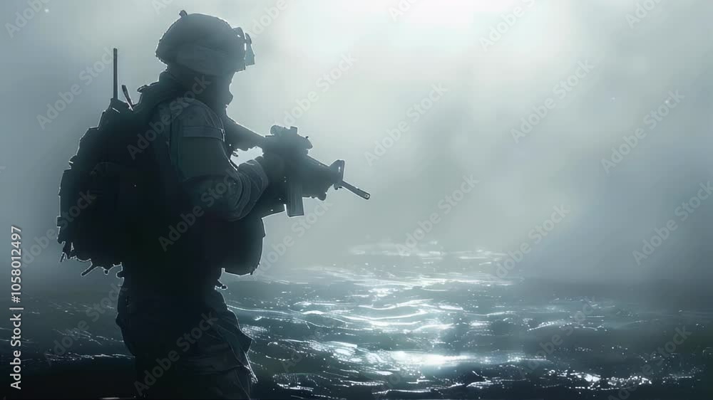 Special forces soldier in action on war foggy background. Selective focus Special forces soldier in action on war foggy background. Selective focus