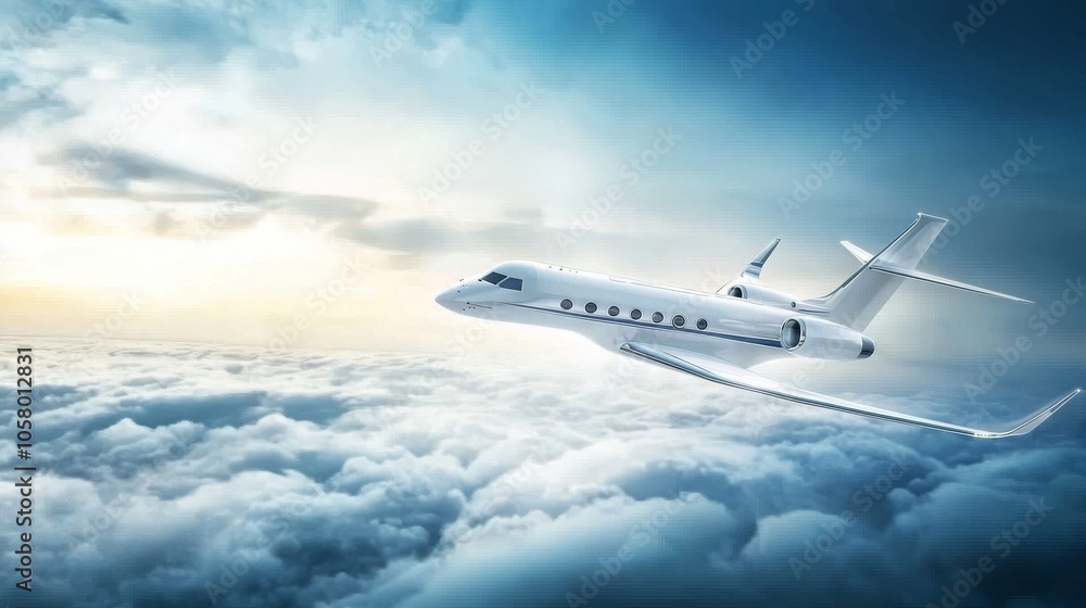 Fototapeta premium A luxurious private jet soaring through a beautiful sky filled with soft clouds and sunlight, symbolizing freedom and travel.
