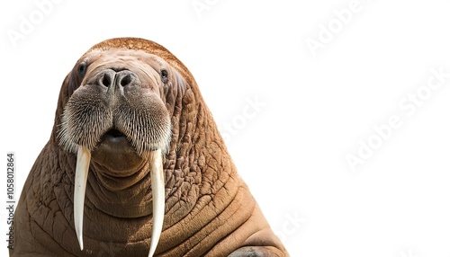 walrus - Odobenus rosmarus - a large pinniped marine mammal found about the North Pole in the Arctic Ocean and subarctic seas of the Northern Hemisphere. Isolated on white background with copy space photo