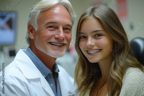 Orthodontist adjusting braces for a patient, smiling with a sense of accomplishment.