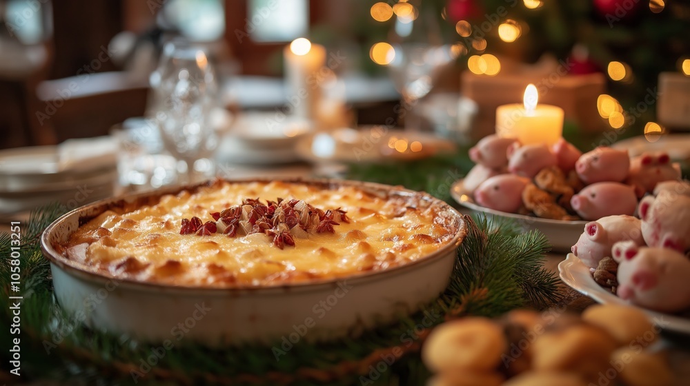 A serving of raclette cheese dish topped with nuts, surrounded by festive decor, candles, and various side dishes on a rustic table A serving of raclette cheese dish topped with nuts, surrounded by festive decor, candles, and various side dishes on a rustic table