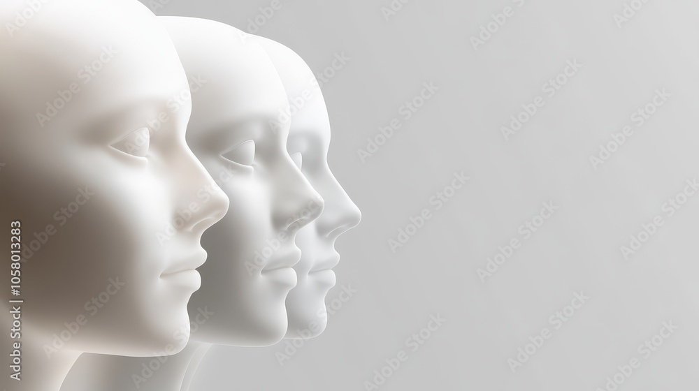 A minimalist display of mannequin heads in profile, showcasing smooth lines and modern design. Ideal for artistic and fashion concepts. A minimalist display of mannequin heads in profile, showcasing smooth lines and modern design. Ideal for artistic and fashion concepts.