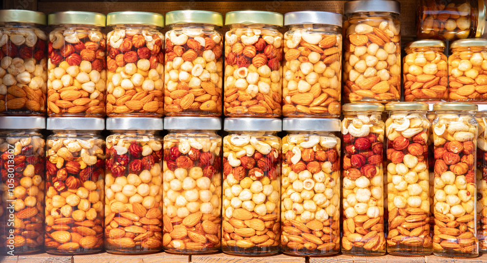 custom made wallpaper toronto digitalColorful jars filled with a delightful assortment of nuts and dried fruits arranged neatly on shelves in a vibrant market