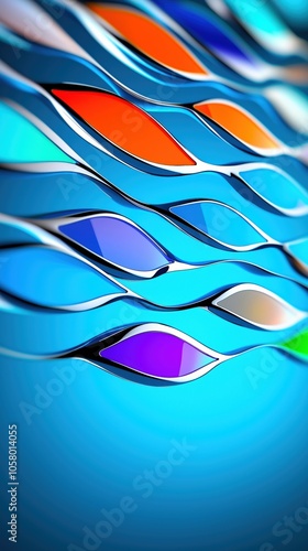 An abstract arrangement of elongated, glass-like shapes in blue, orange, and purple hues, flowing in wavy, layered patterns over a soft blue background.