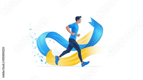 A minimalist vector illustration of a man jogging with a blue ribbon flowing behind him, symbolizing fitness and men's health