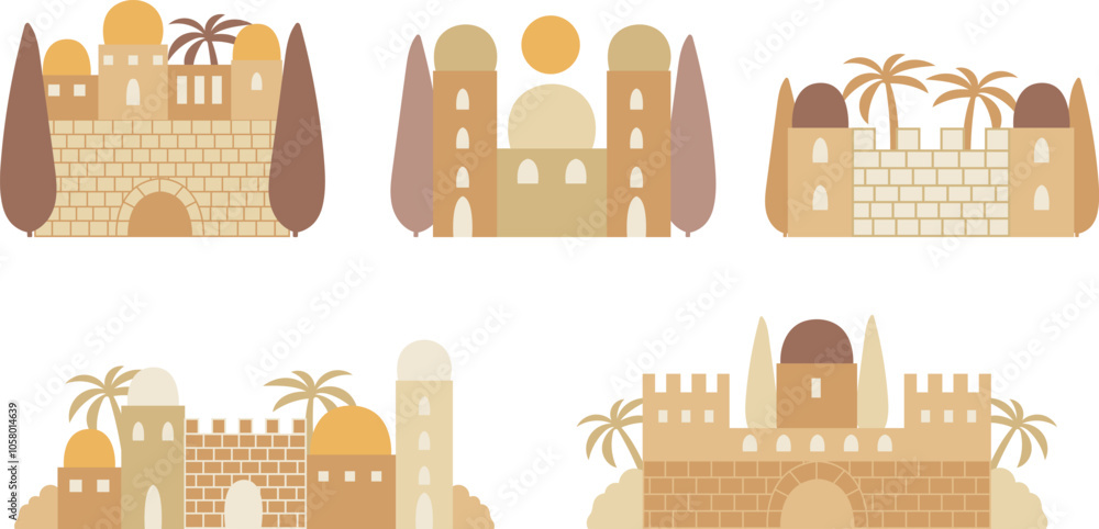 Fototapeta premium Ancient biblical city mud buildings scenes . Decoration set for museum events flyers, illustration, children bible,greeting cards,holiday events, print