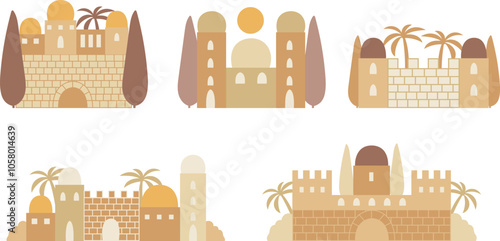 Ancient biblical city mud buildings scenes . Decoration set for museum events flyers, illustration, children bible,greeting cards,holiday events, print
