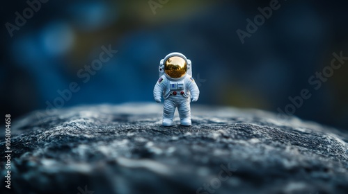 A small astronaut figurine stands on a rocky surface with a blurred background, evoking a sense of space exploration