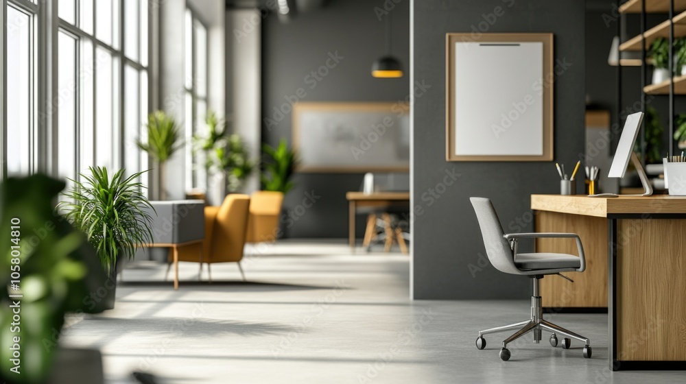 Modern office space with stylish furniture and plants for interior design mockup Modern office space with stylish furniture and plants for interior design mockup