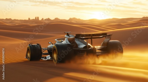 AlphaTauri F1 Car in the Moroccan Sahara: Back Quarter View at Sunrise, Highlighting Ground Effect Aerodynamics in Hyper-Realistic 8K Cinematic Detail. photo