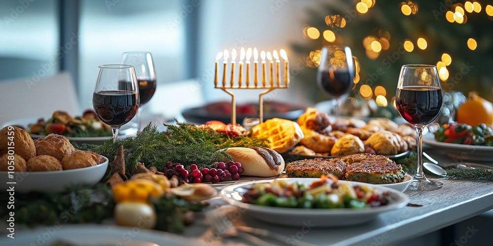 A minimalistic Hanukkah table setting featuring a menorah, festive foods, and wine glasses, with a softly lit background of holiday lights A minimalistic Hanukkah table setting featuring a menorah, festive foods, and wine glasses, with a softly lit background of holiday lights