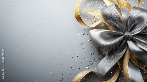 Festive decoration with a bow made of gray and gold satin ribbon. Elegant design