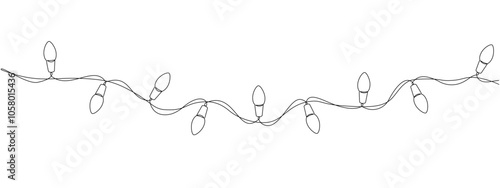 Festoon, garland with bulbs drawing with one continuous line. Festive, Christmas garland in simple linear style.  Split frame for design for banner, background. Vector editable illustration