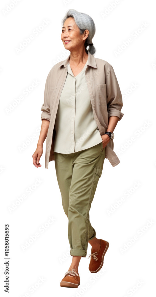 PNG Asian senior woman walking person khaki. PNG Asian senior woman walking person khaki.