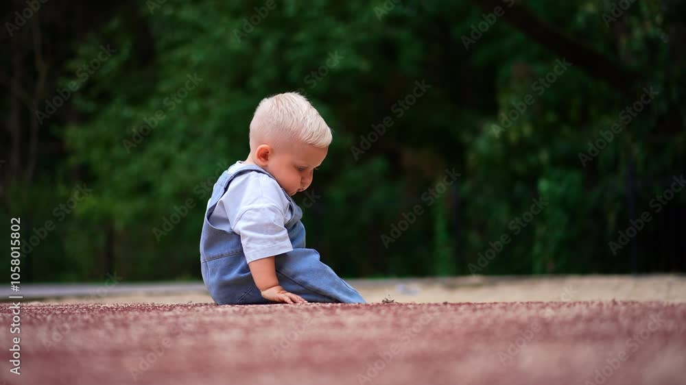Small kid sitting on the ground outdoors. Curious kid plays with sand in summer. Blurred nature backdrop. Small kid sitting on the ground outdoors. Curious kid plays with sand in summer. Blurred nature backdrop.