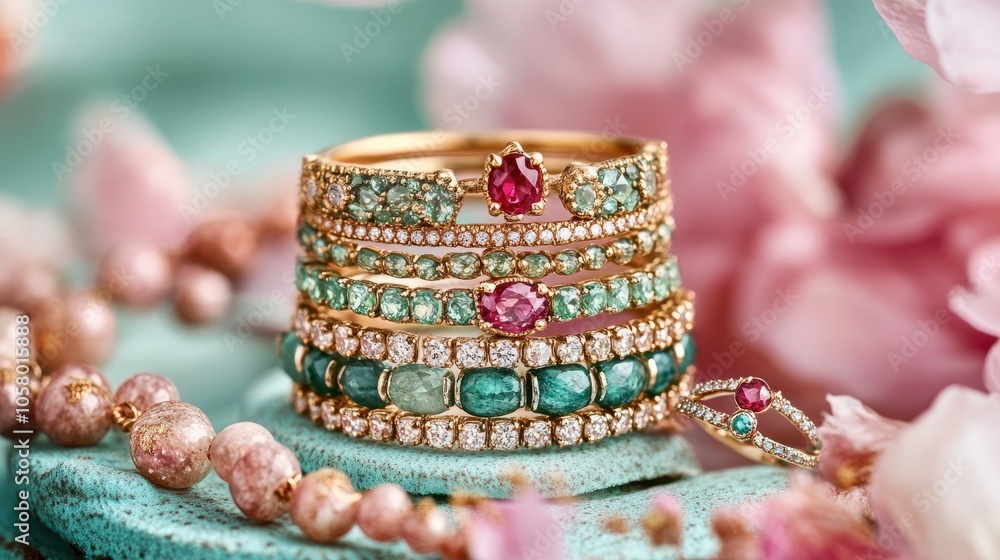 Elegant Jewelry Display with Colorful Gemstones Elegant Jewelry Display with Colorful Gemstones